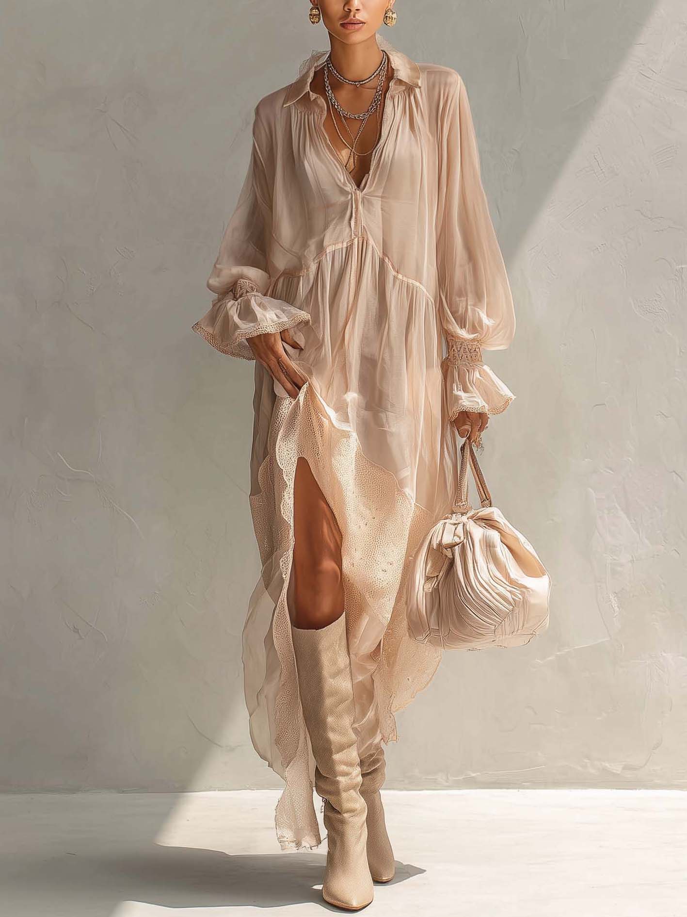 Pink Glossy Organza Patchwork Ruffled Maxi Dress