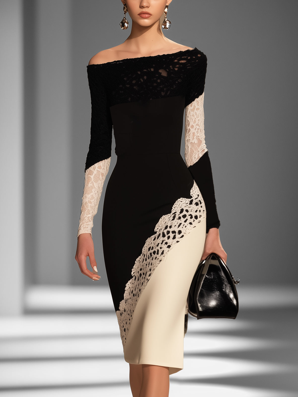 Off Shoulder Black And Ivory Lace Accent Dress