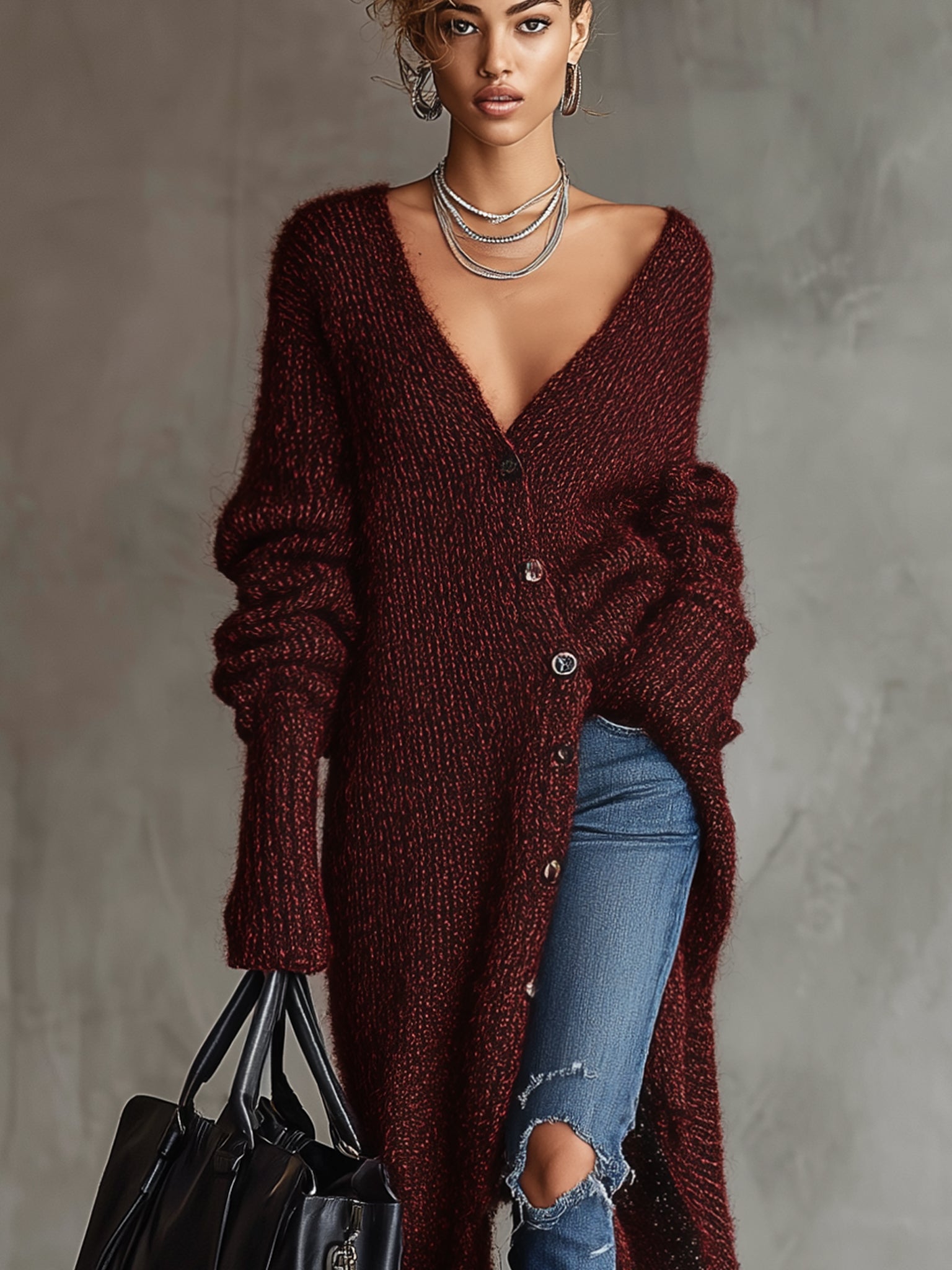 Burgundy Deep V-Neck Button Up Knit Cardigan