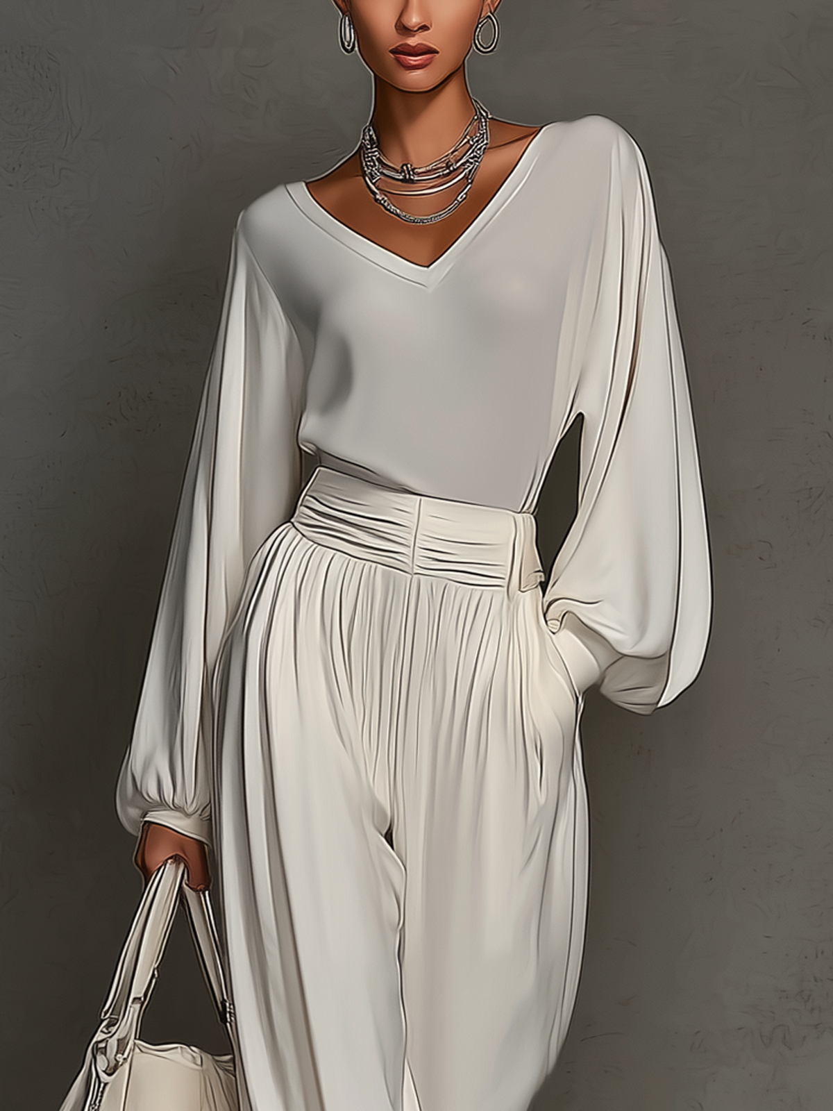 Beige Chiffon Puff Sleeve Suit With Wide-leg Trousers