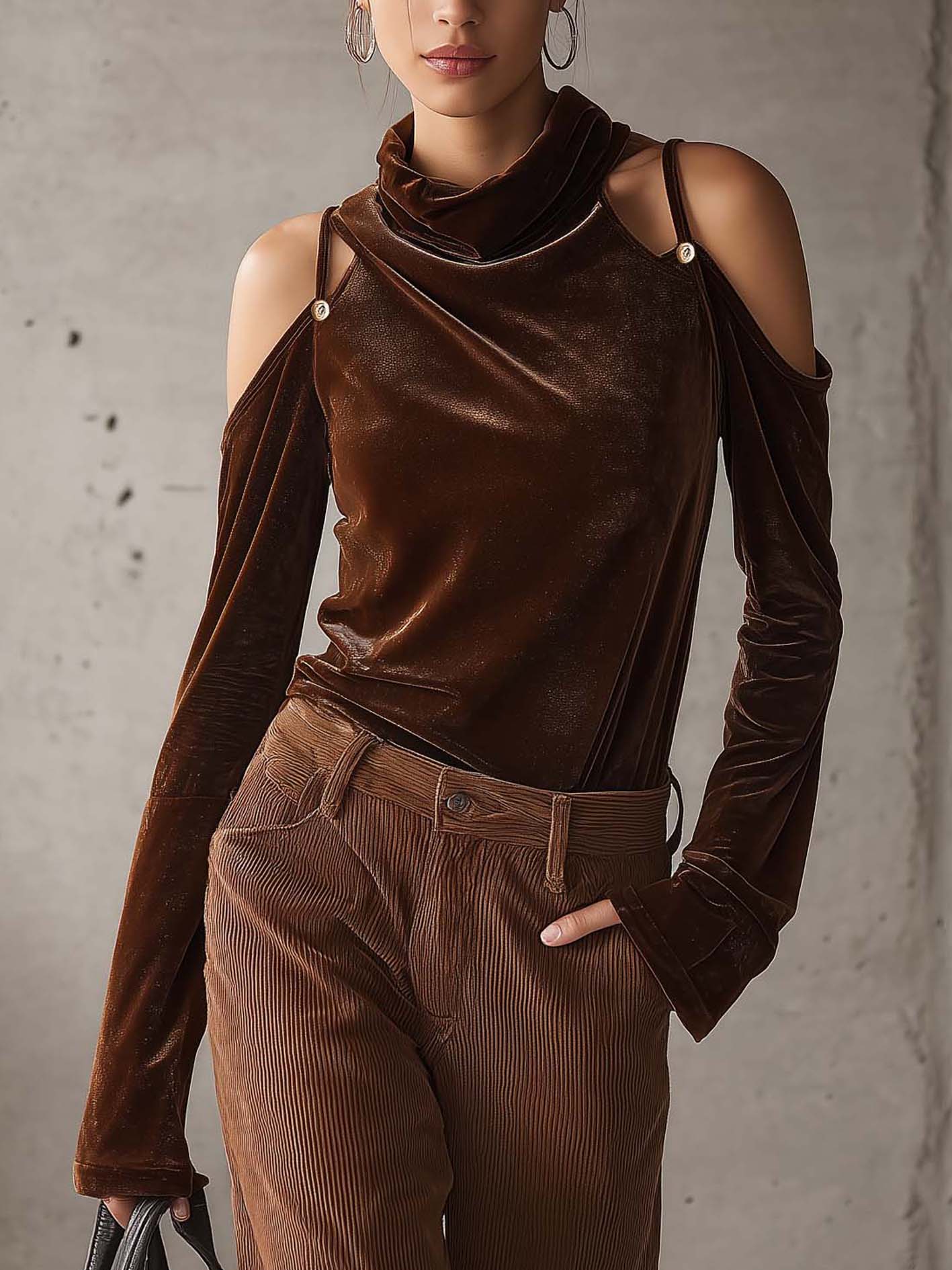 Chocolate Velvet Cold Shoulder Long Sleeve Shirt