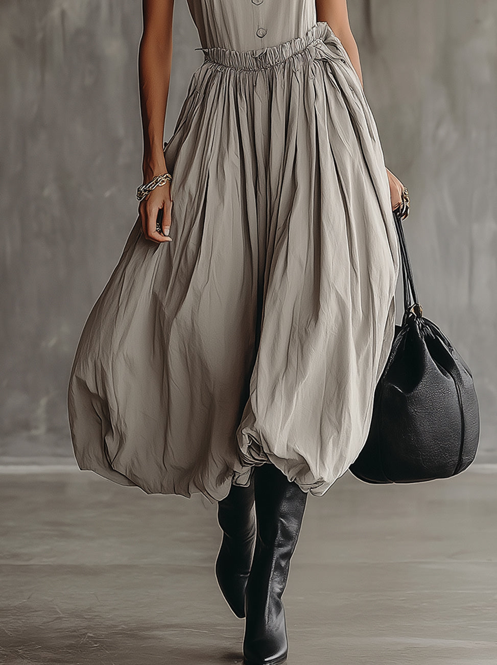 Gray Sleeveless Button Front Balloon Hem Midi Dress
