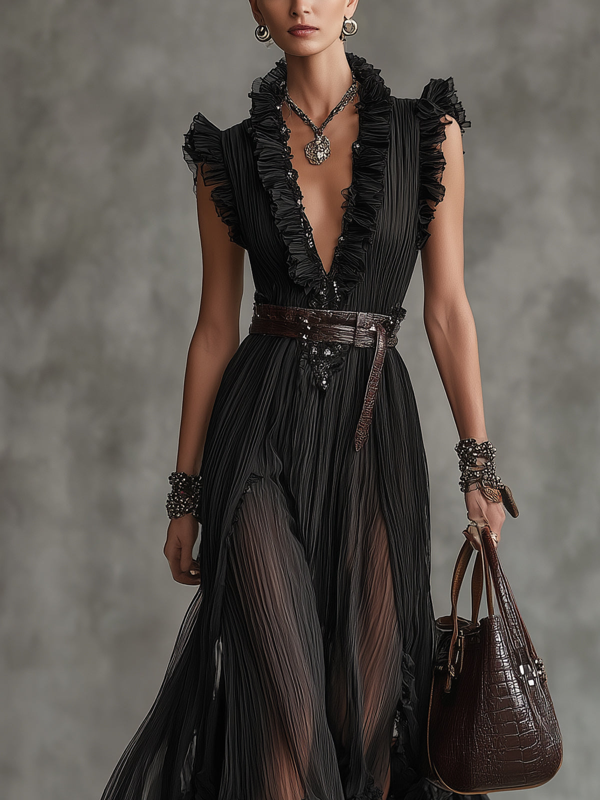 Black Pleated Ruffle Trim Deep V‑Neck Sheer Maxi Dress With Belt