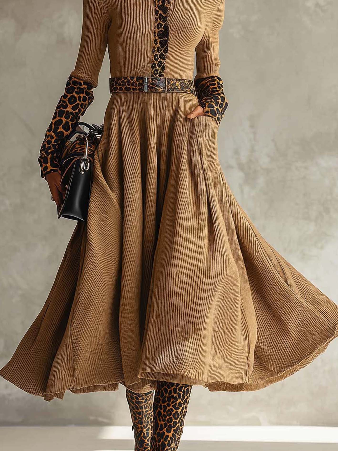 Beige Knit Midi Dress With Leopard Print Patchwork And Belt
