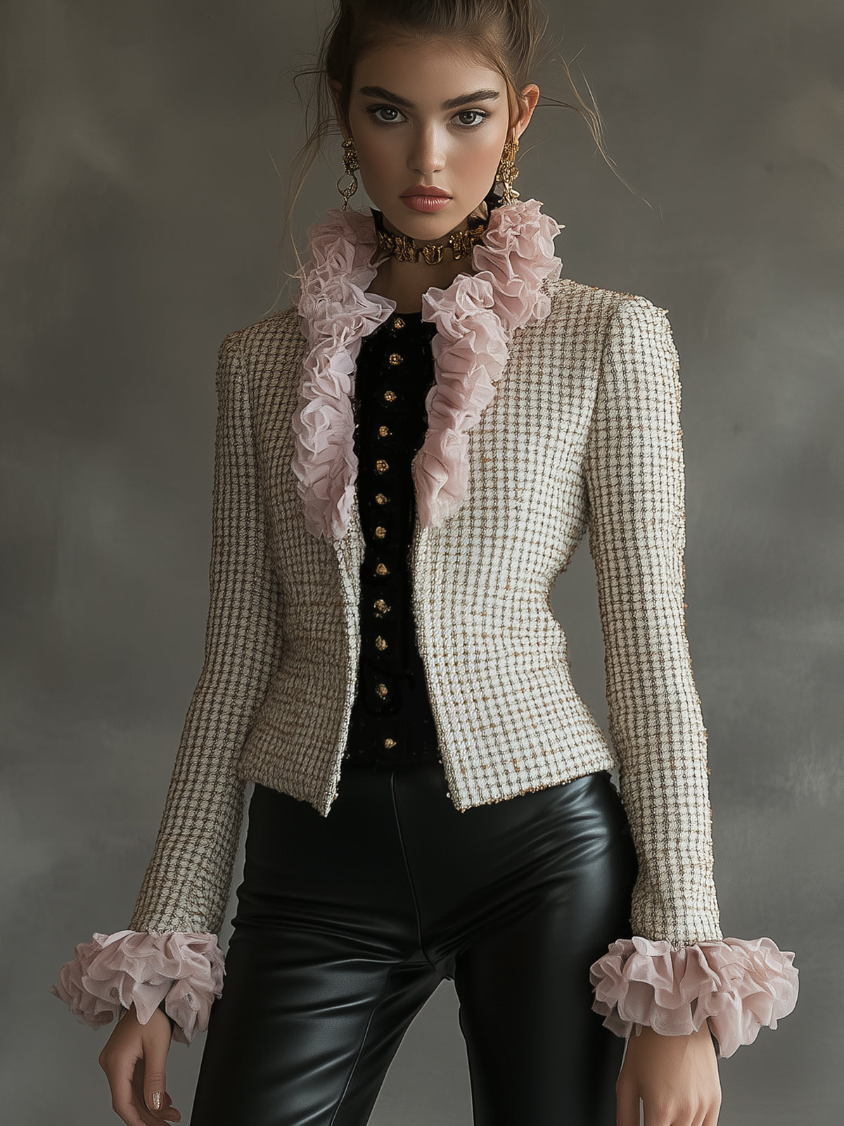 Houndstooth Blazer With Pink Ruffle Trim