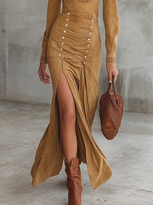 Camel Faux Suede Maxi Dress With Deep V-Neck And Button Detailing