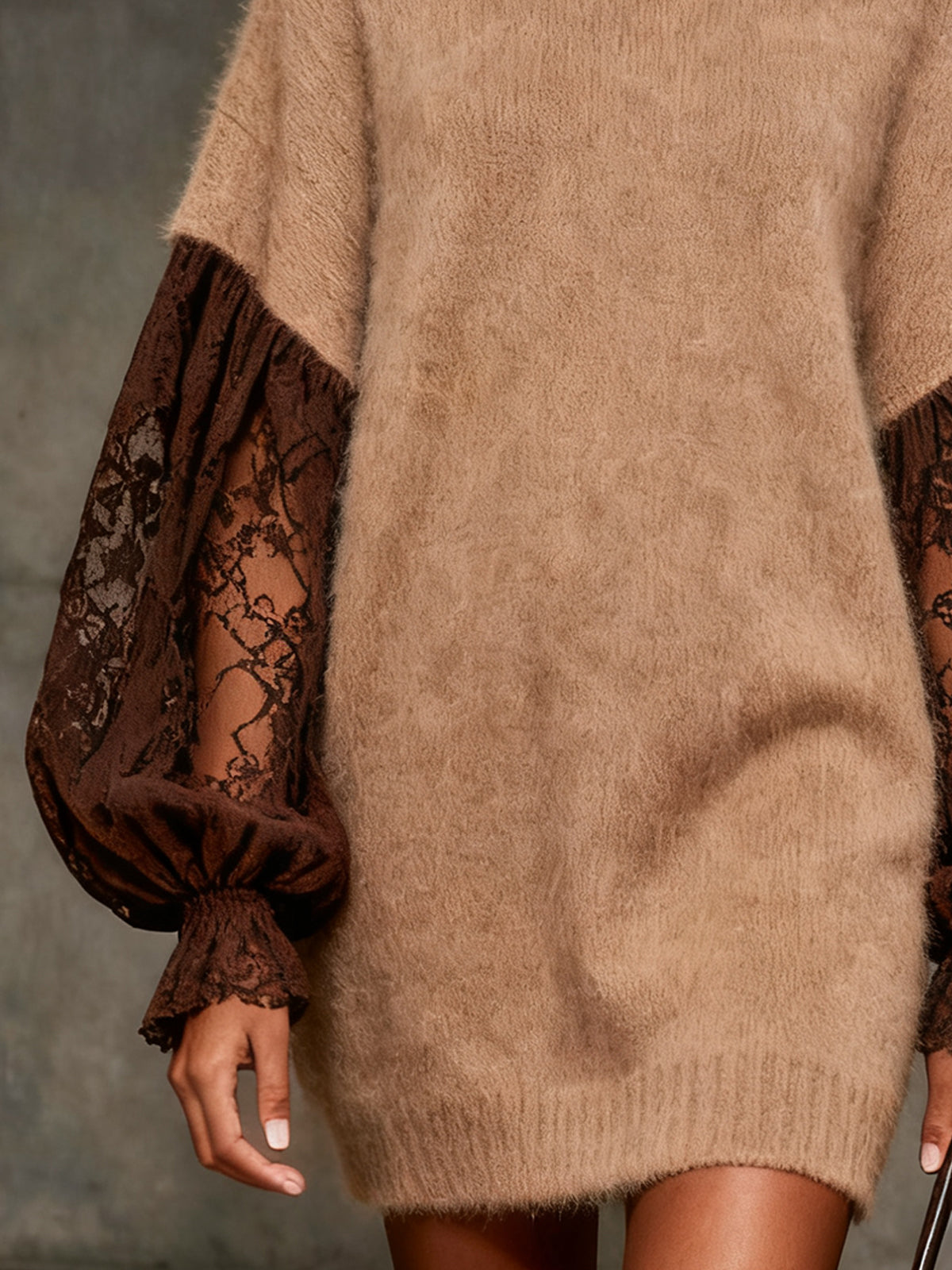 Camel Fuzzy Turtleneck Sweater Dress With Lace Sleeves