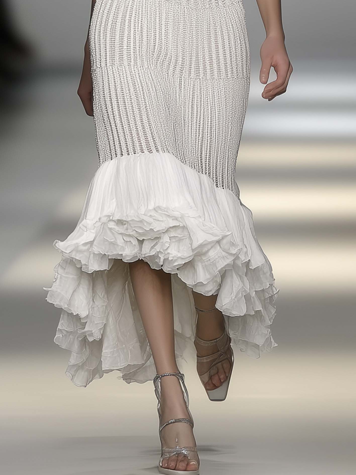 White Knitted Midi Bodycon Dress With Irregular Chiffon Ruffles