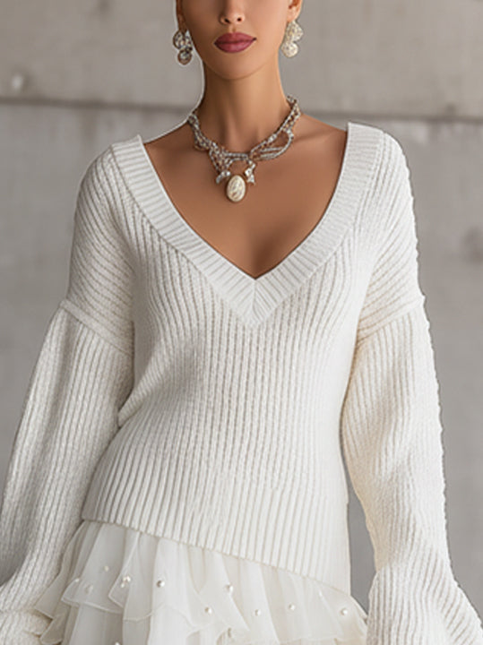 White V-Neck Knit Mini Dress With Layered Tulle Pearl Skirt