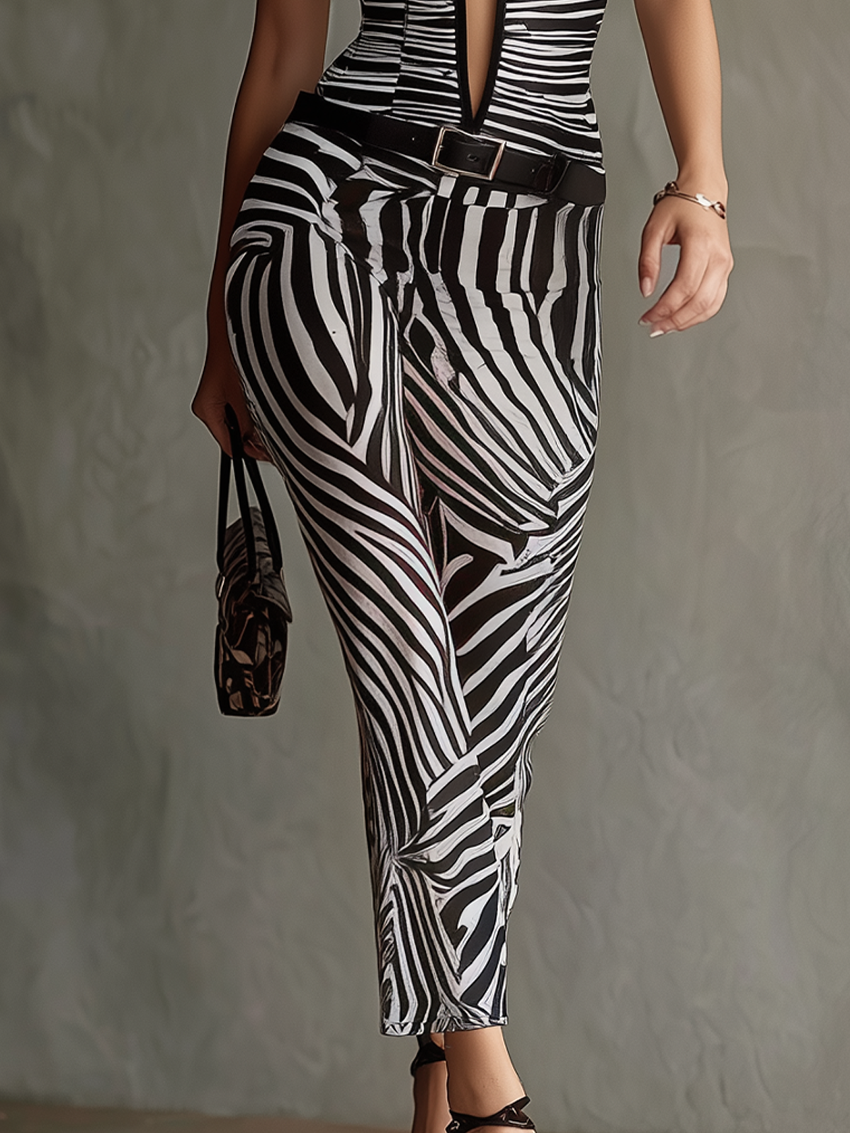 Monochrome Zebra Print Deep V-Neck Mesh Midi Dress