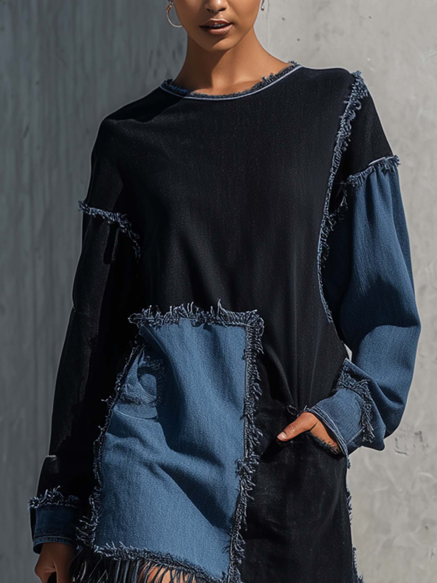 Black And Blue Patchwork Fringe Hem Denim Mini Dress