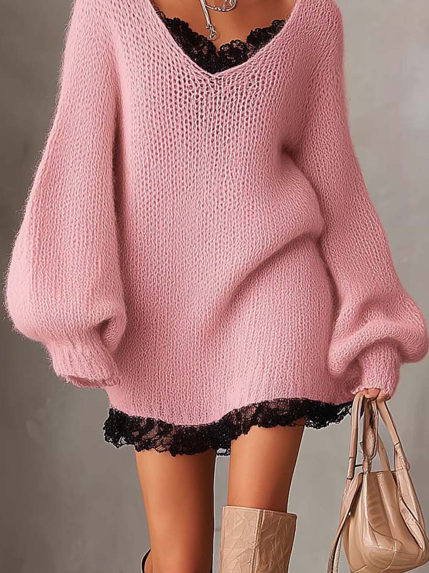 Pink Knit Mini Dress With Black Lace Hem