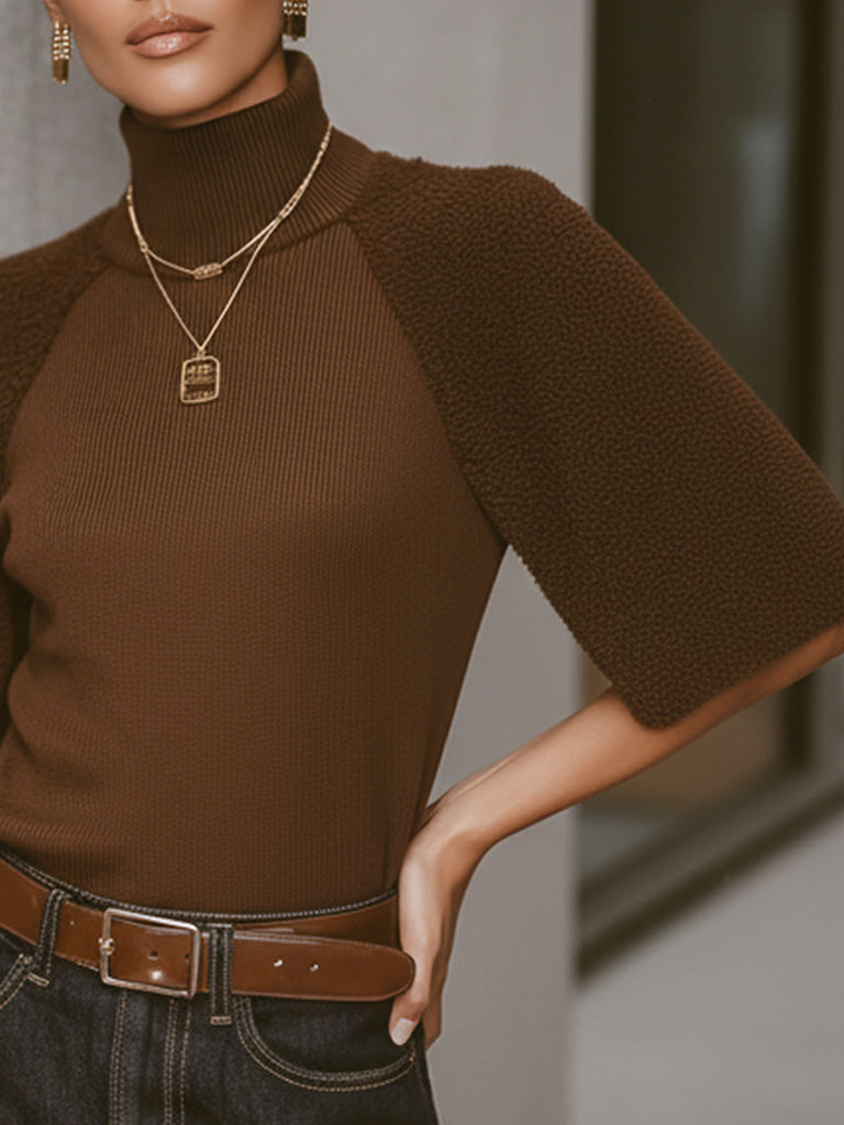 Chocolate Brown Knit Turtleneck With Textured Mid Sleeves