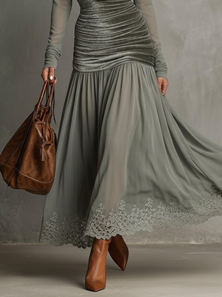 Emerald Velvet Deep V-Neck Maxi Dress With Chiffon Lace Hem