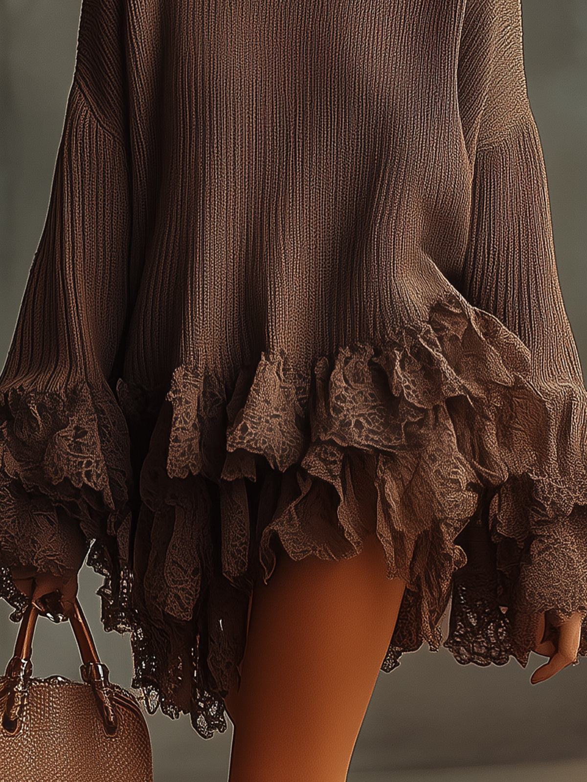 Brown Knitted Lace Ruffle Turtleneck Dress