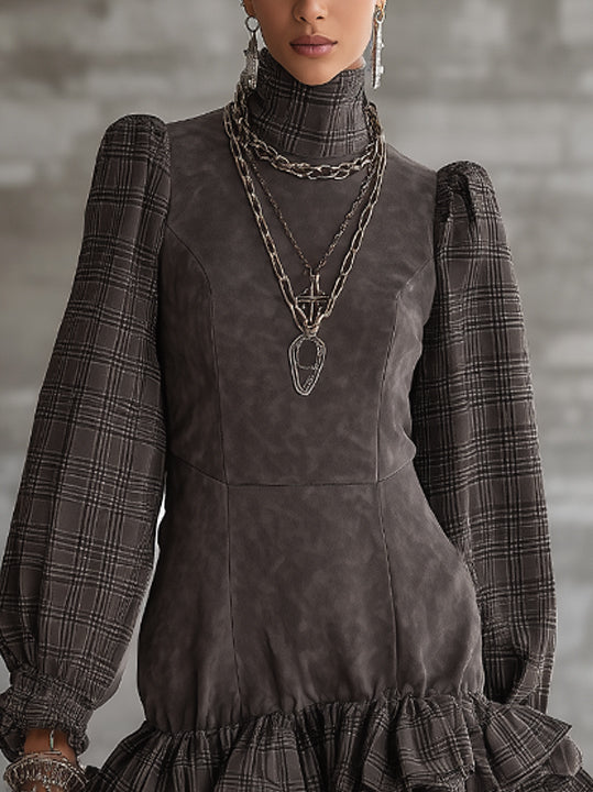 Plaid Puff Sleeve Faux Suede Mini Dress With Layered Ruffle Hem