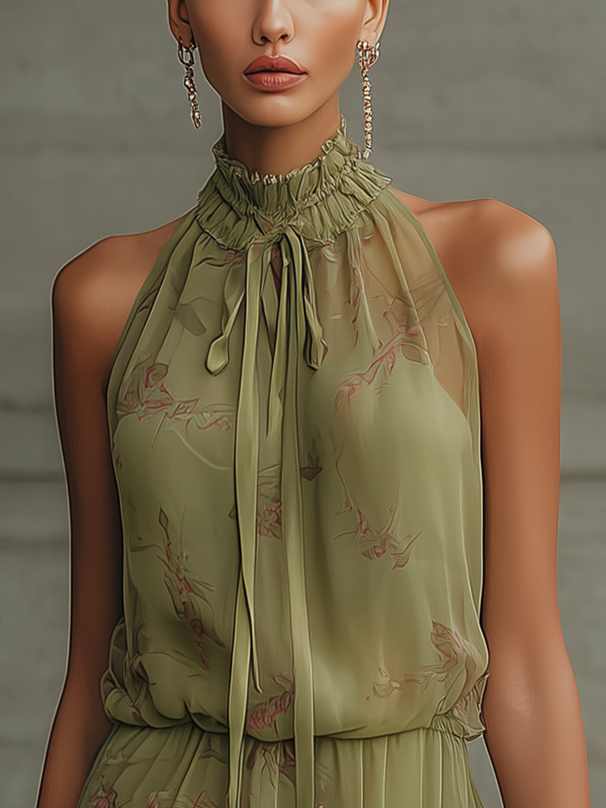 Olive Green Floral Tie-Waist Chiffon Mini Dress