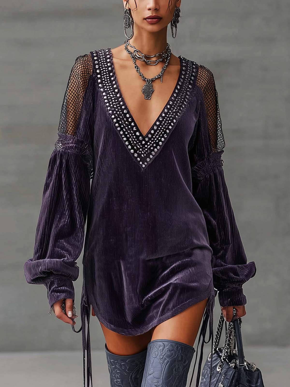 Purple Corduroy V-neck Rhinestone Embellished Mesh Tie Up Mini Dress