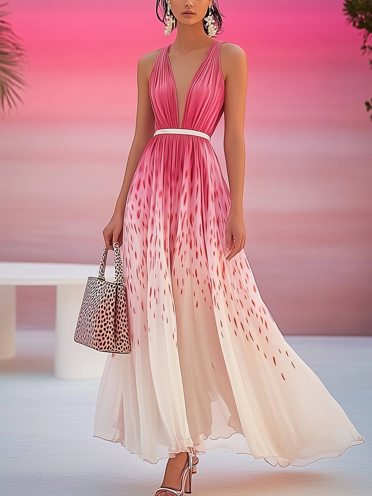 Elegant Pink Gradient Deep V-Neck Flowing Maxi Dress