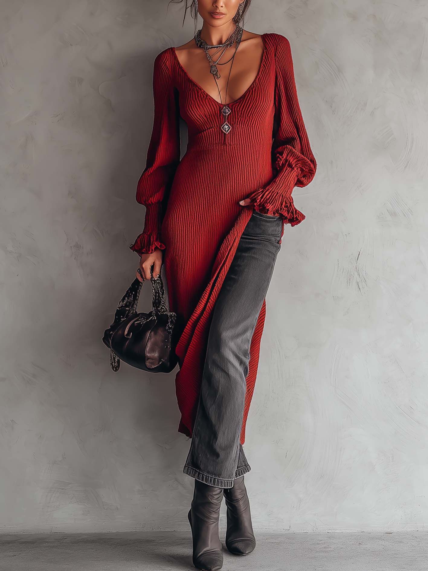 Dark Red Knit Midi Dress With Ruffled Cuffs And Side Slit