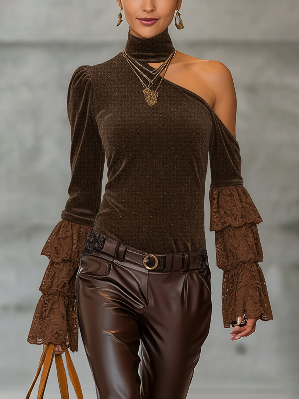 Brown One-Shoulder Velvet Top With Lace Tiered Sleeves