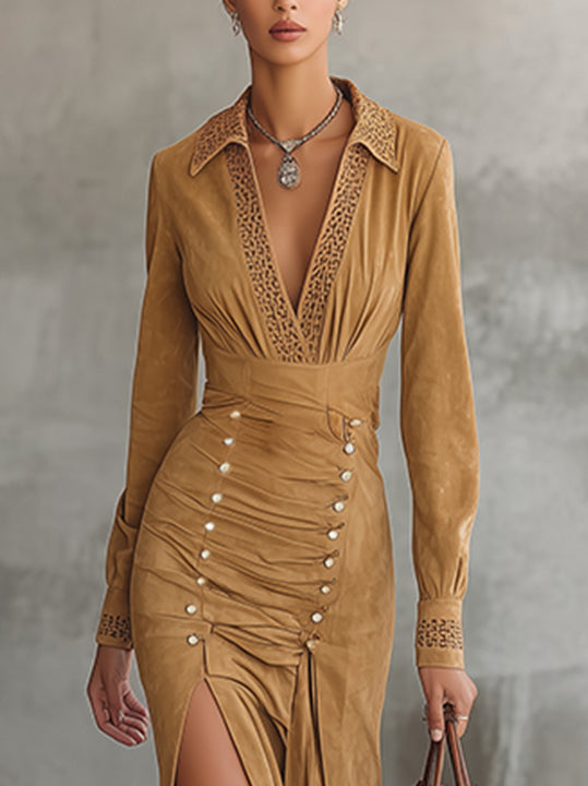 Camel Faux Suede Maxi Dress With Deep V-Neck And Button Detailing