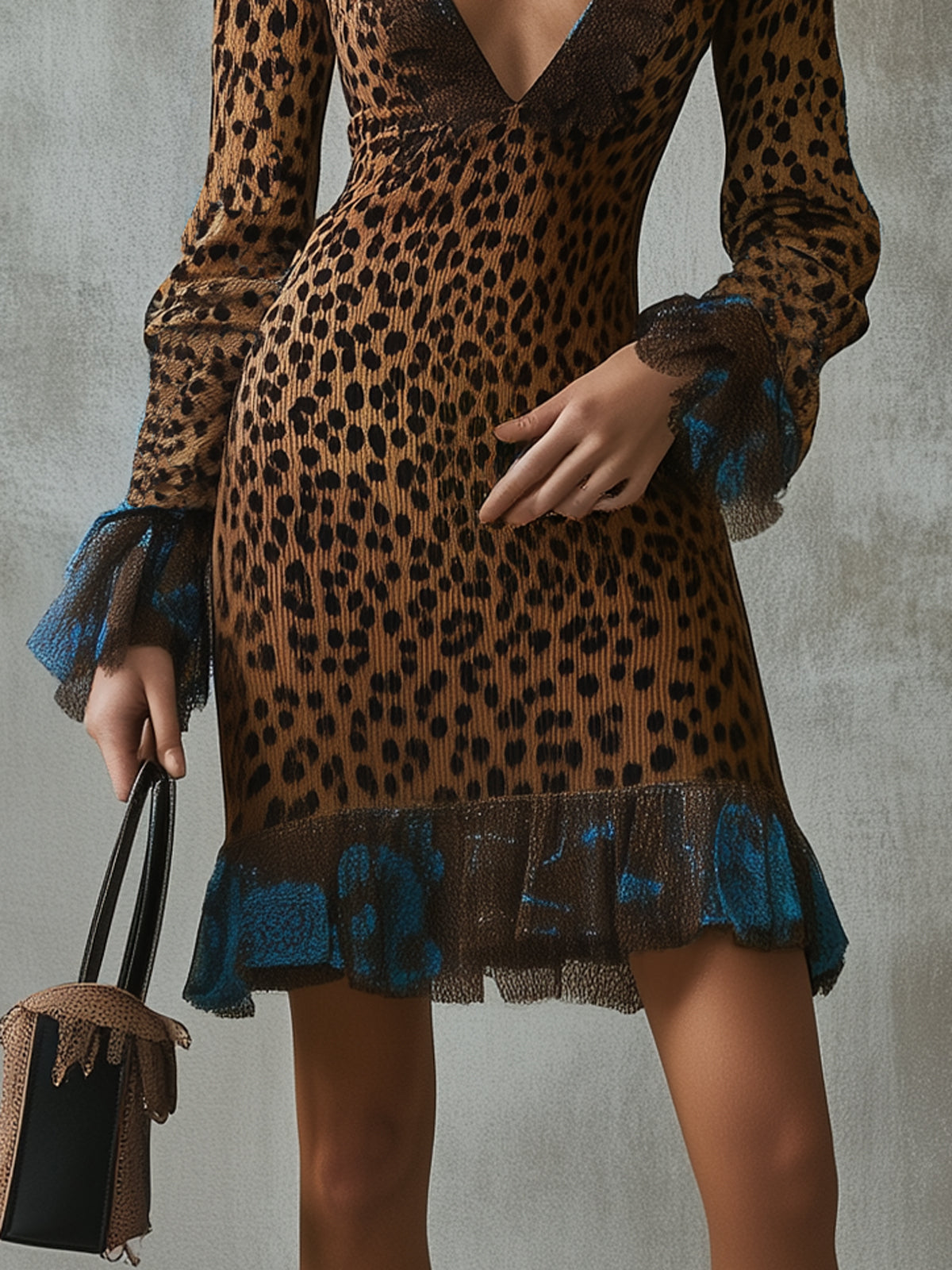 Brown Leopard Lace Trim Deep V-Neck Long Sleeved Ruffled Mini Knit Dress