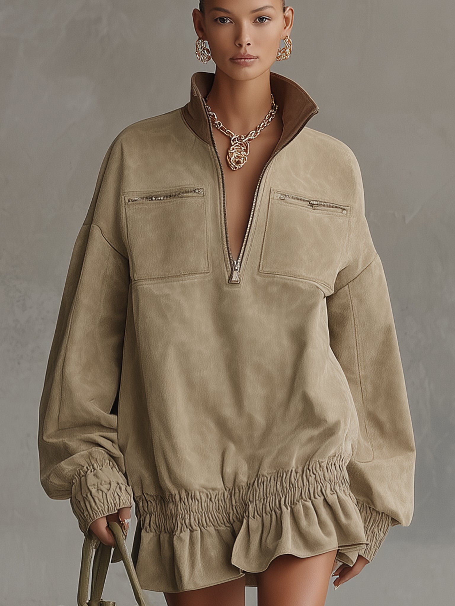 Vintage Beige Faux Suede Half Zip Mini Dress