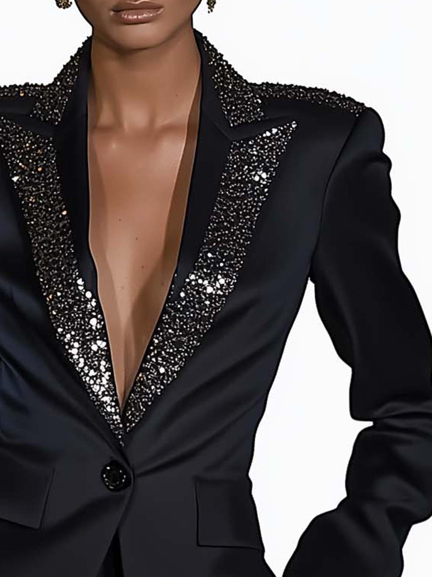 Black Satin Blazer With Sequined Ribbon