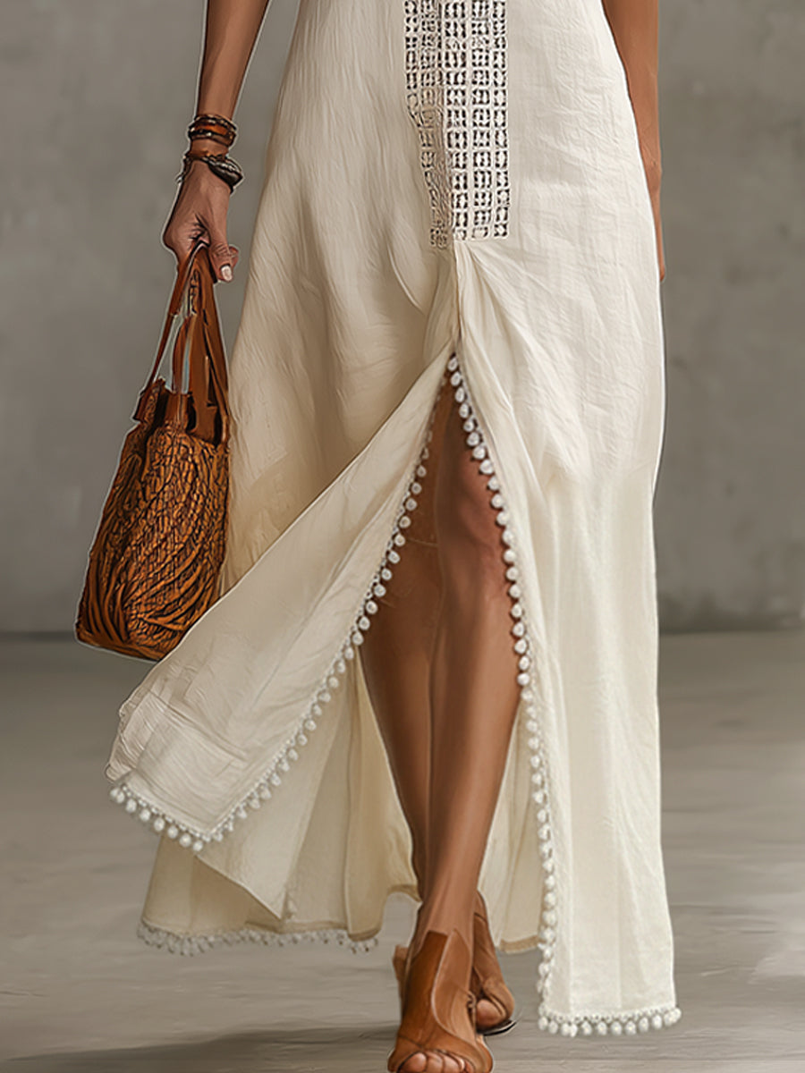 Ivory Sleeveless V-Neck Embroidered Linen Blend Maxi Dress