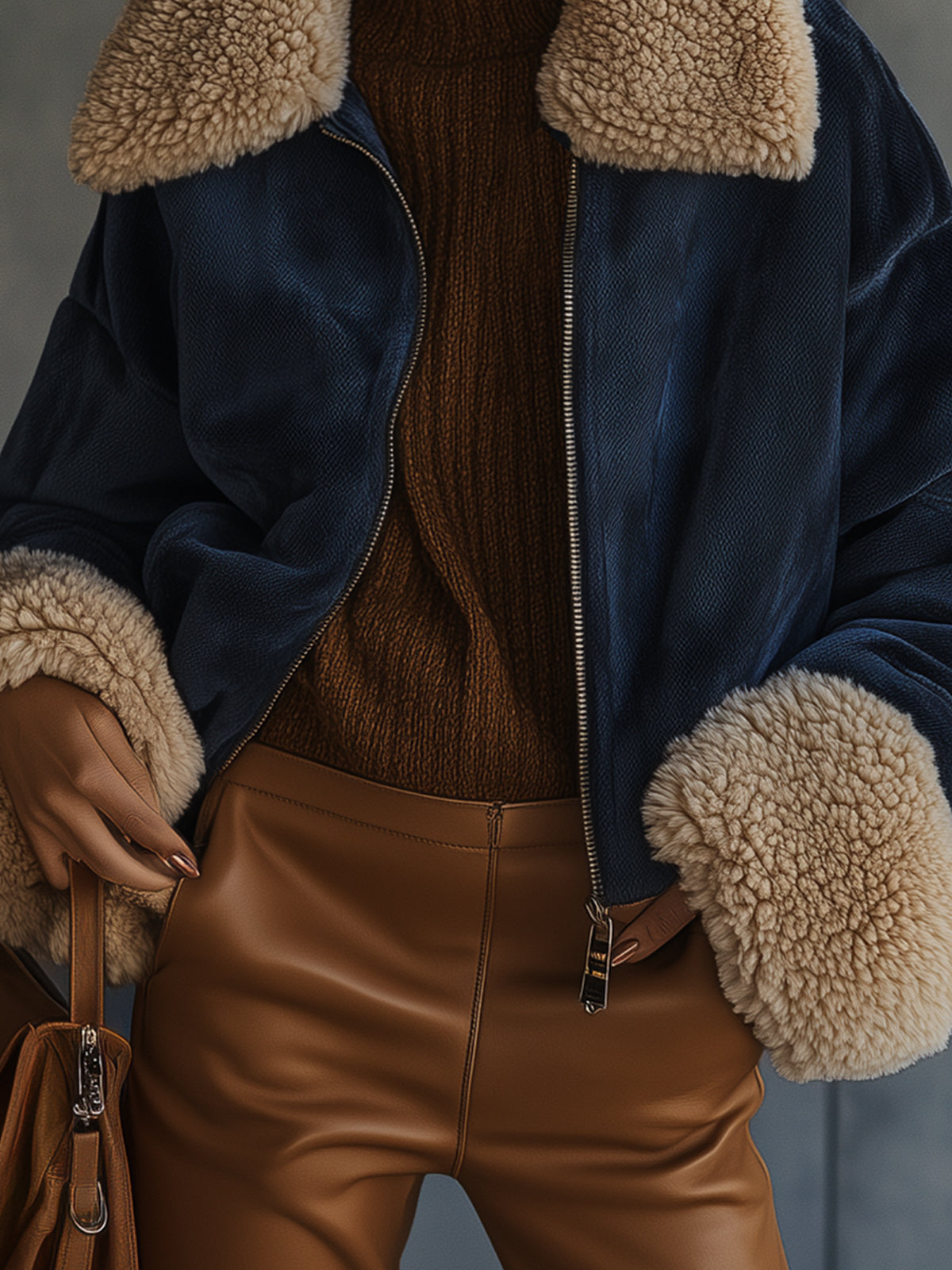 Navy Faux Shearling Aviator Jacket With Sherpa Trim