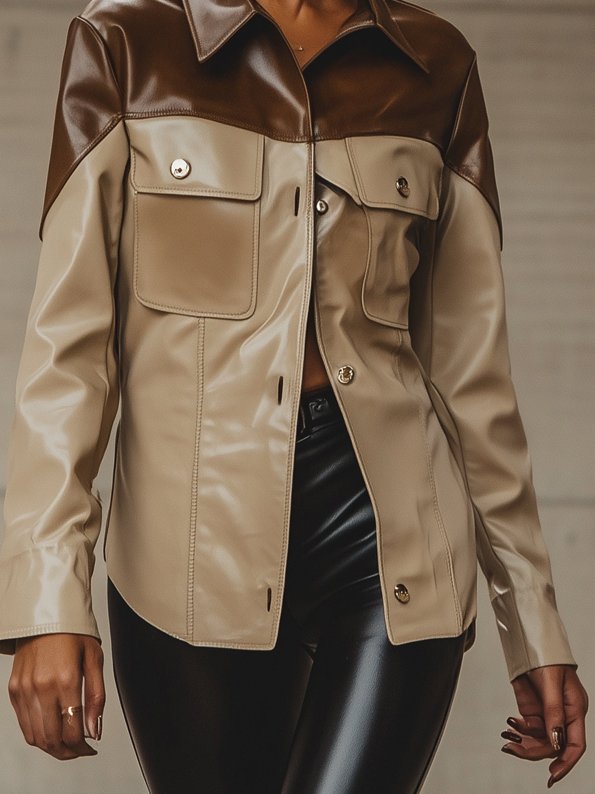 Two Tone Faux Leather Lapel Jacket