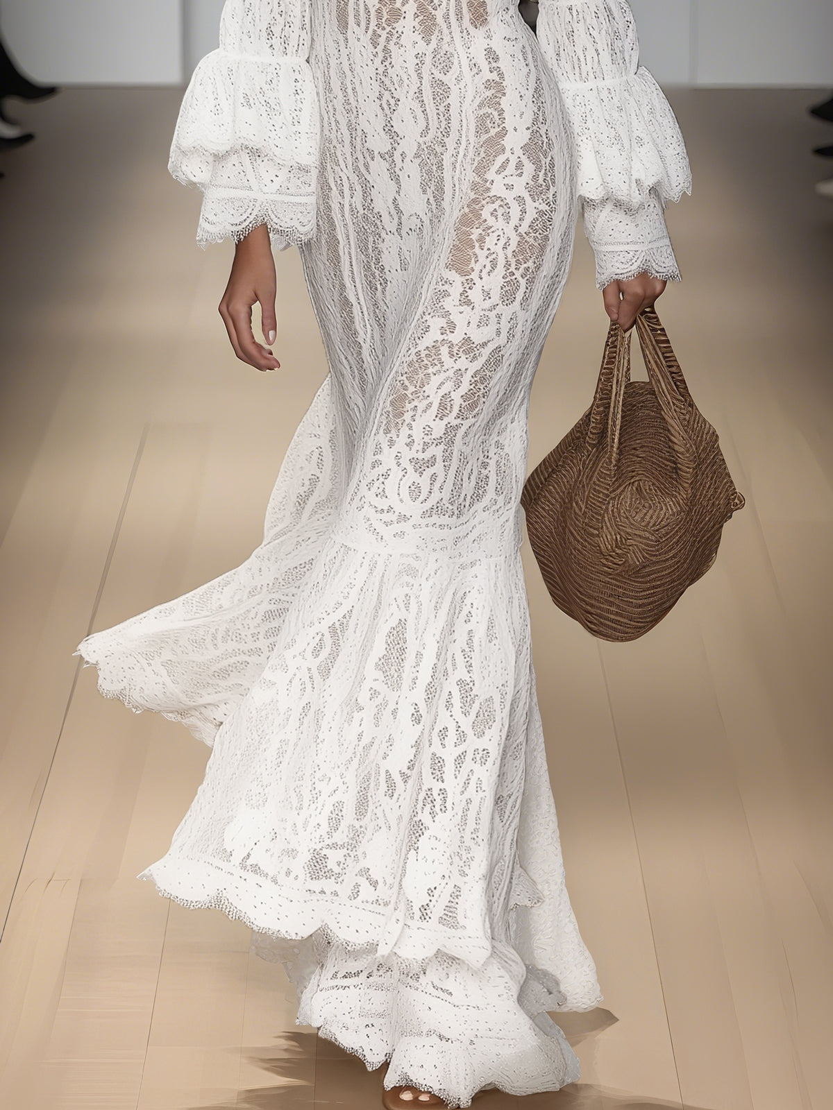 White Lace Ruffled Off Shoulder Floor Length Dress