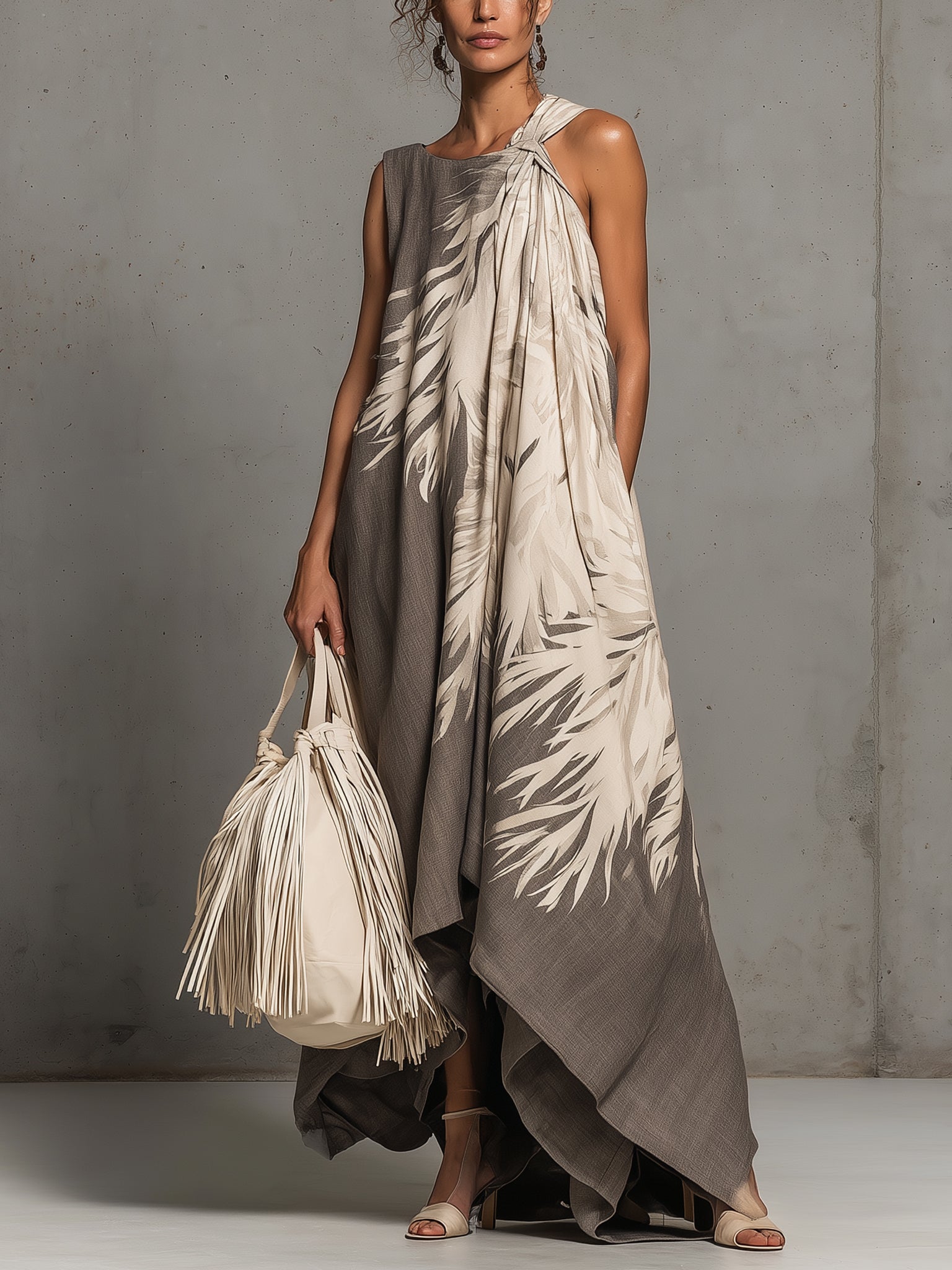 Taupe Sleeveless Linen Maxi Dress With Print