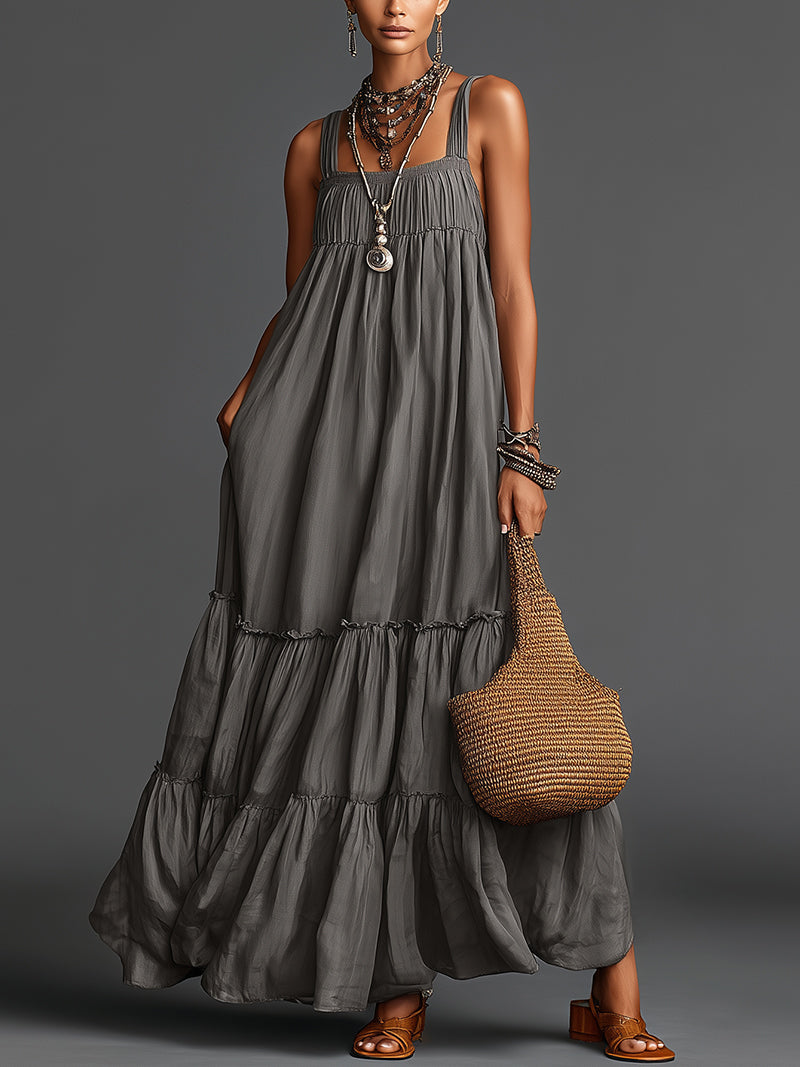 Gray Tiered Maxi Dress With Double Straps And Flowy Silhouette
