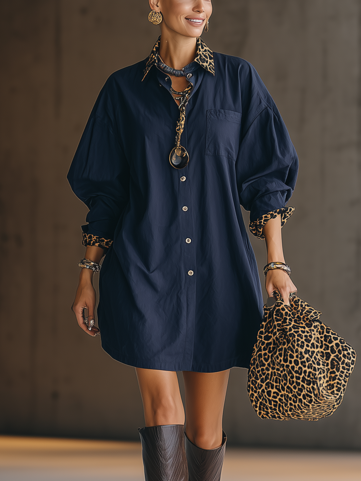 Navy Leopard Trim Oversized Button-Up Shirt Mini Dress