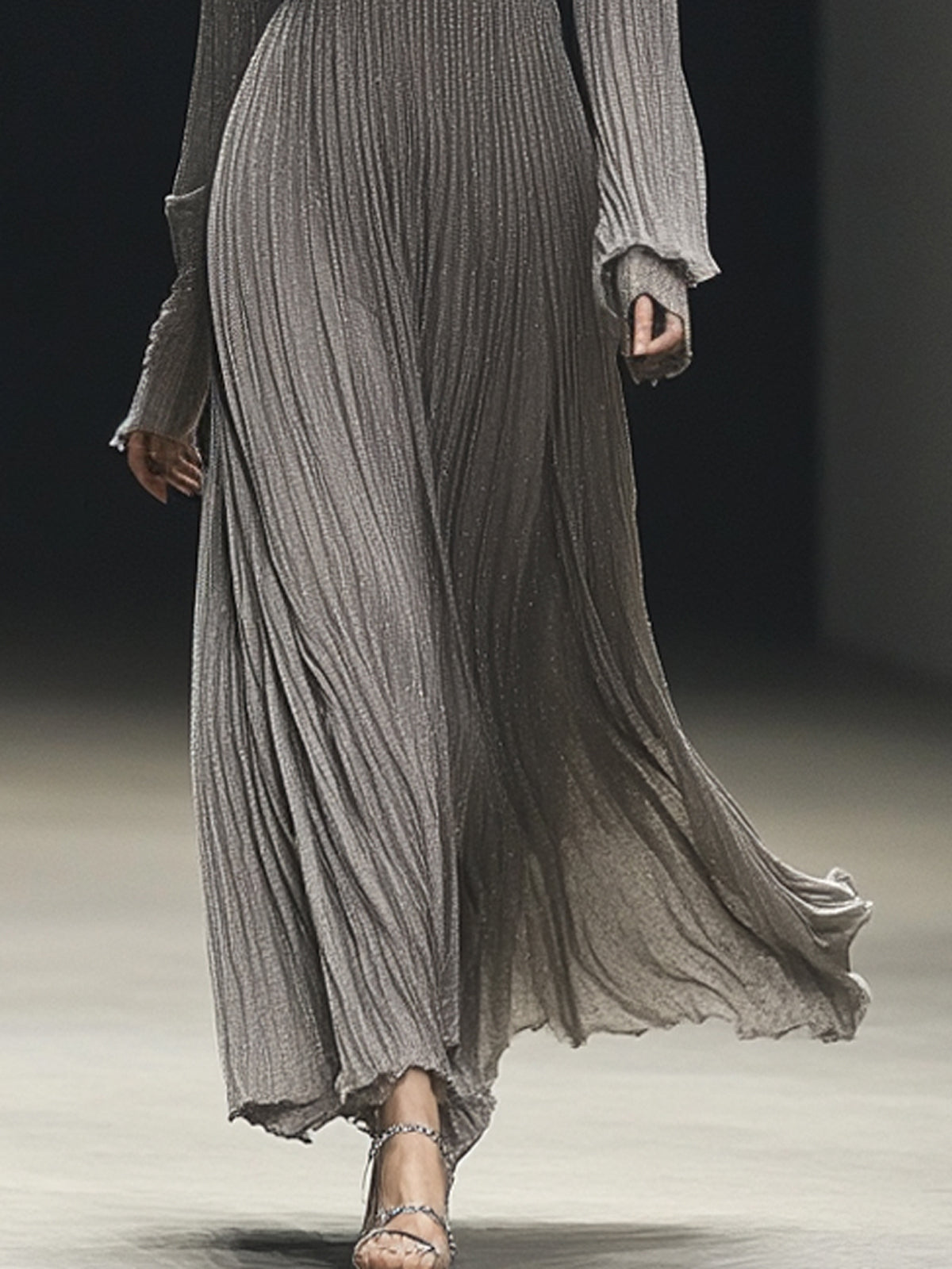 Grey Sequin Ribbed Flowing Deep V Neck Long Sleeve Maxi Dress