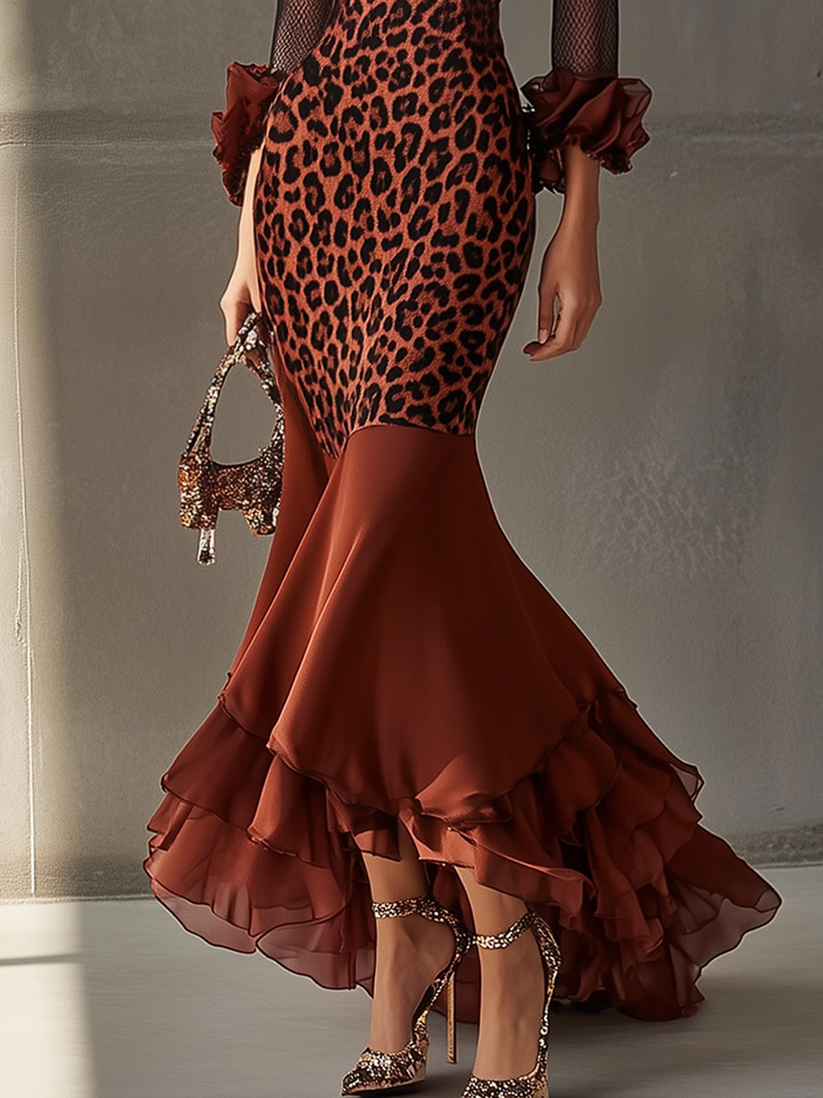 Reddish Brown Leopard Print Mesh Plunge Neck Ruffled Hem Maxi Dress