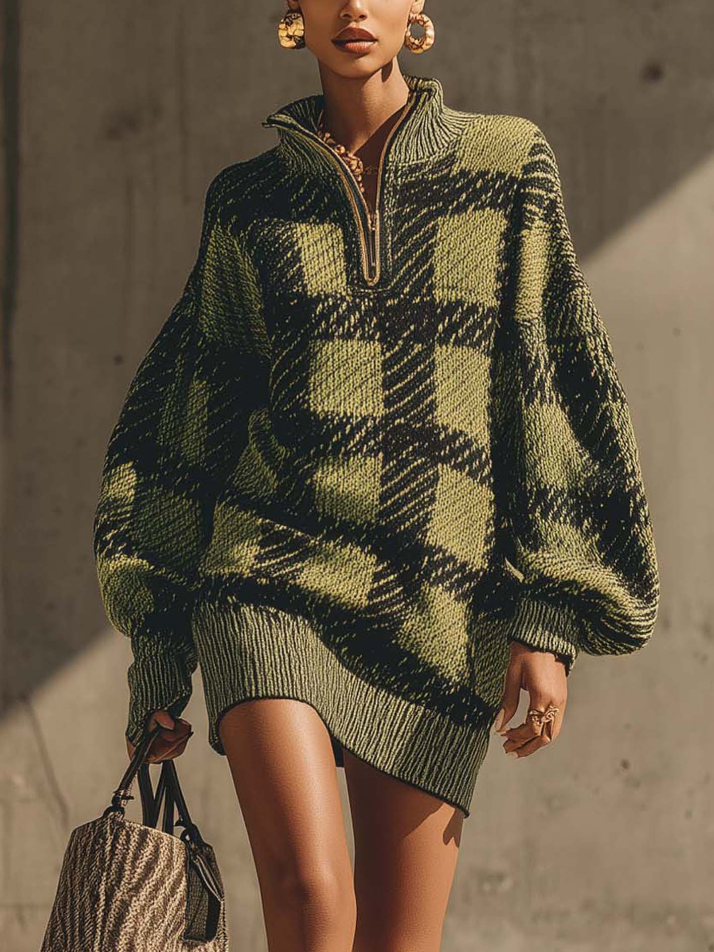 Olive Green Knit Mini Dress With Dark Green Plaid