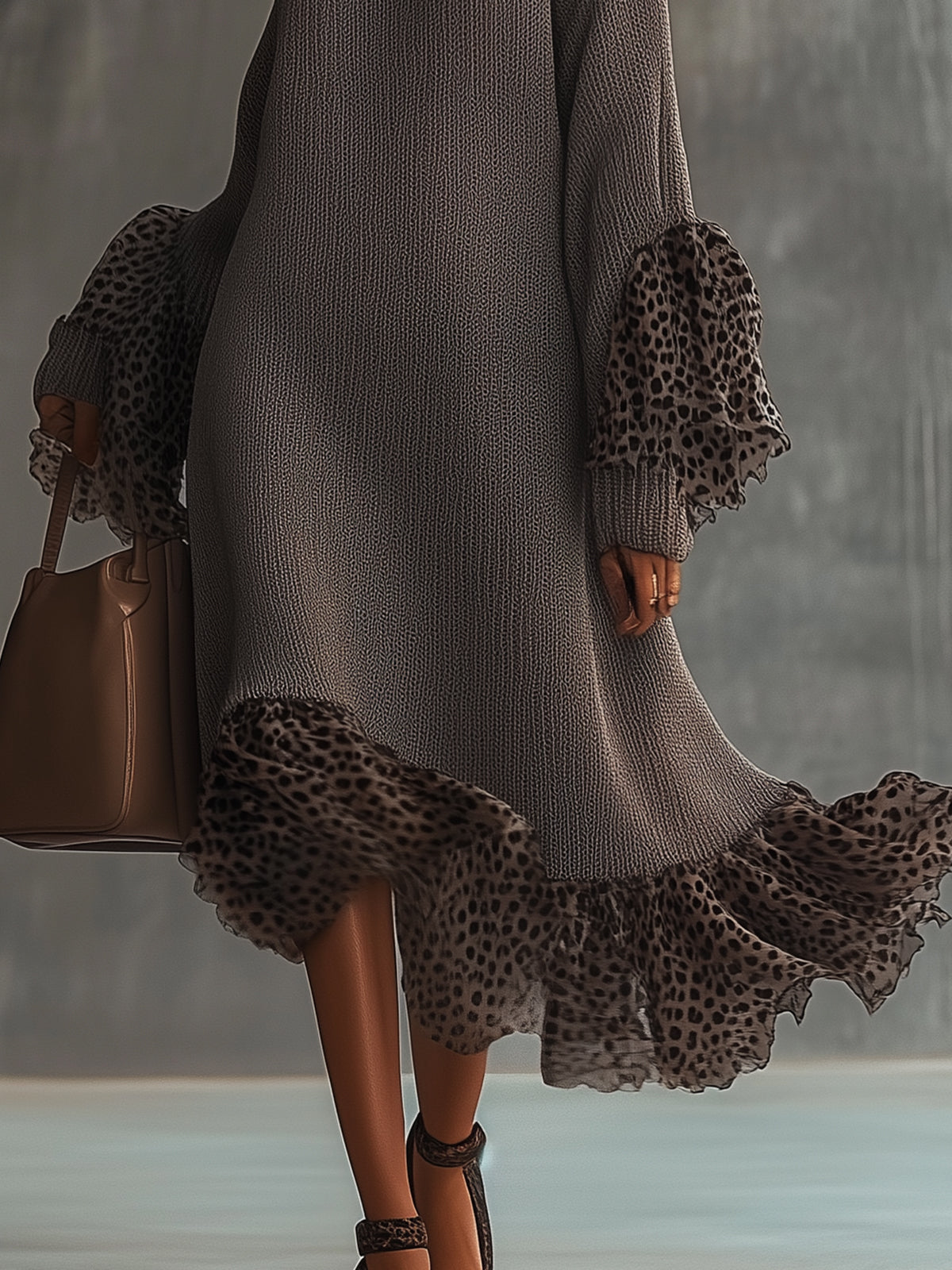 Knitted Midi Dress With Leopard Print Chiffon Ruffled Hem