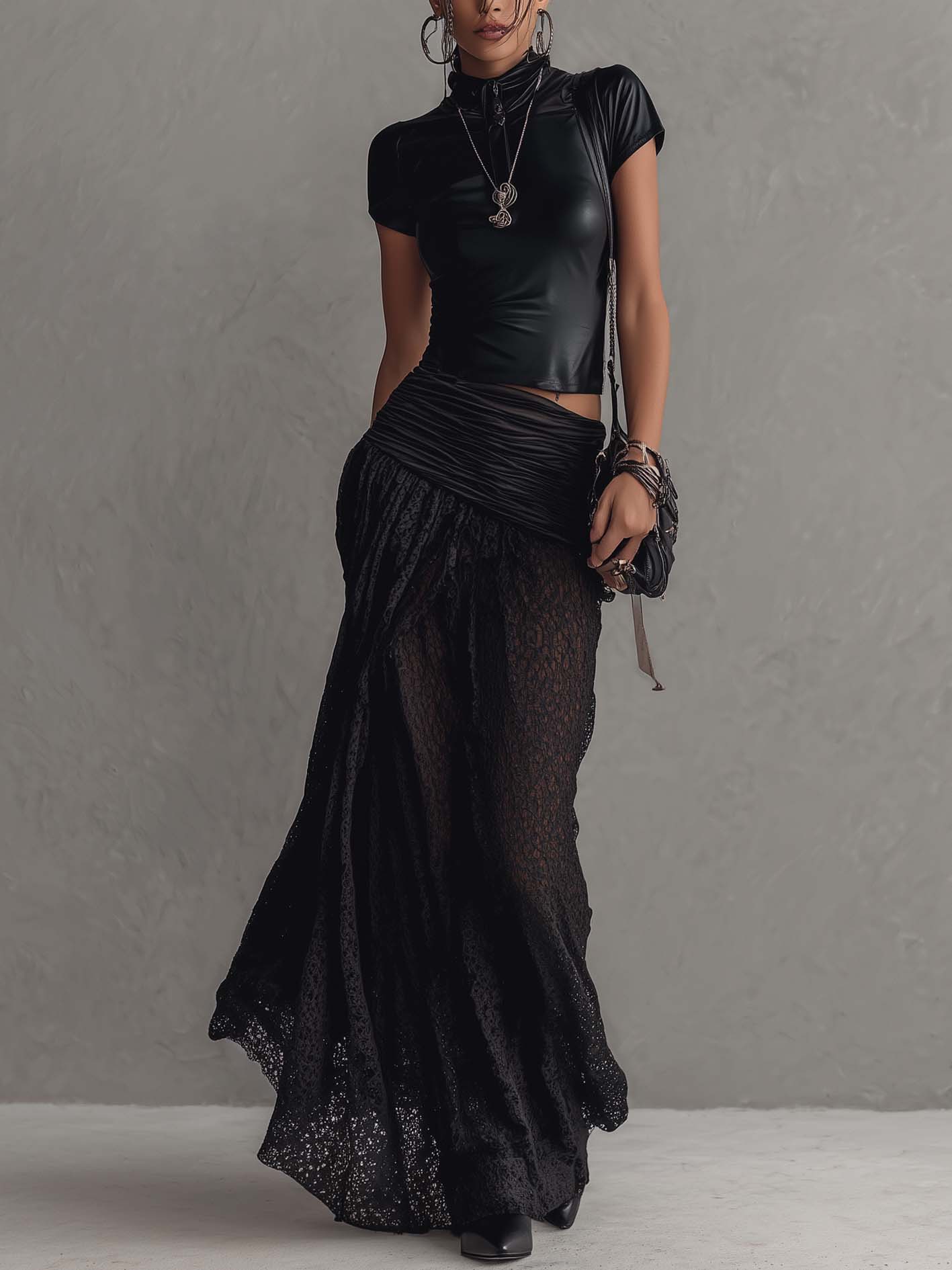 Black Faux Leather Zipper Top And Lace Maxi Skirt Set