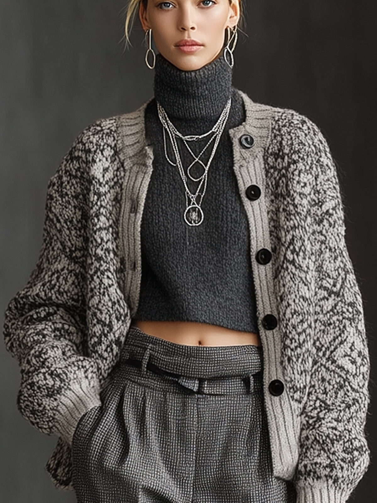 Gray Two Tone Textured Knit Button Down Cardigan