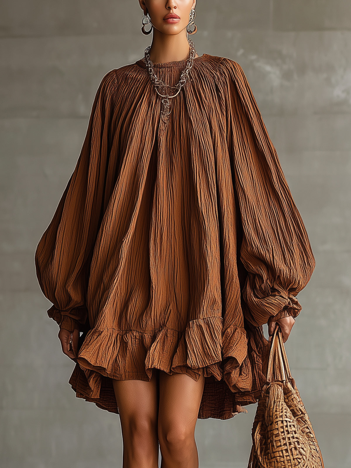 Brown Crinkled Mini Dress With Voluminous Sleeves