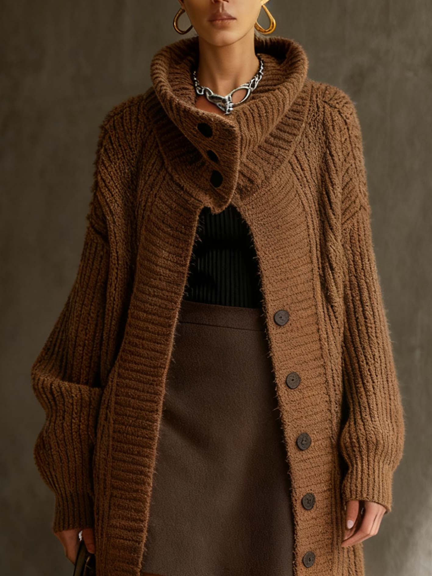 Turtleneck Brown Knitted Long Cardigan