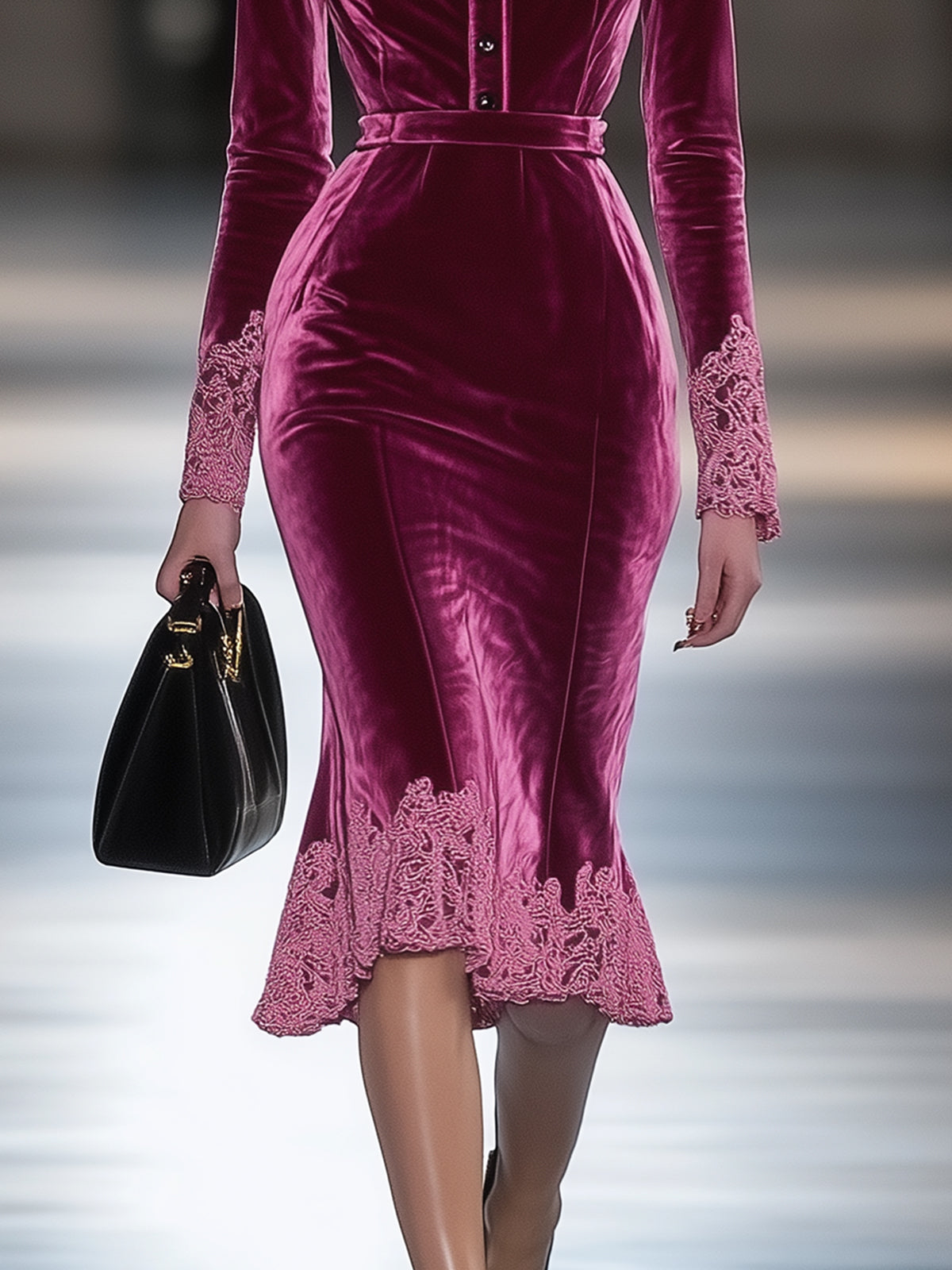 Fuchsia Velvet Midi Dress With Lace Accents And Cutout Detail