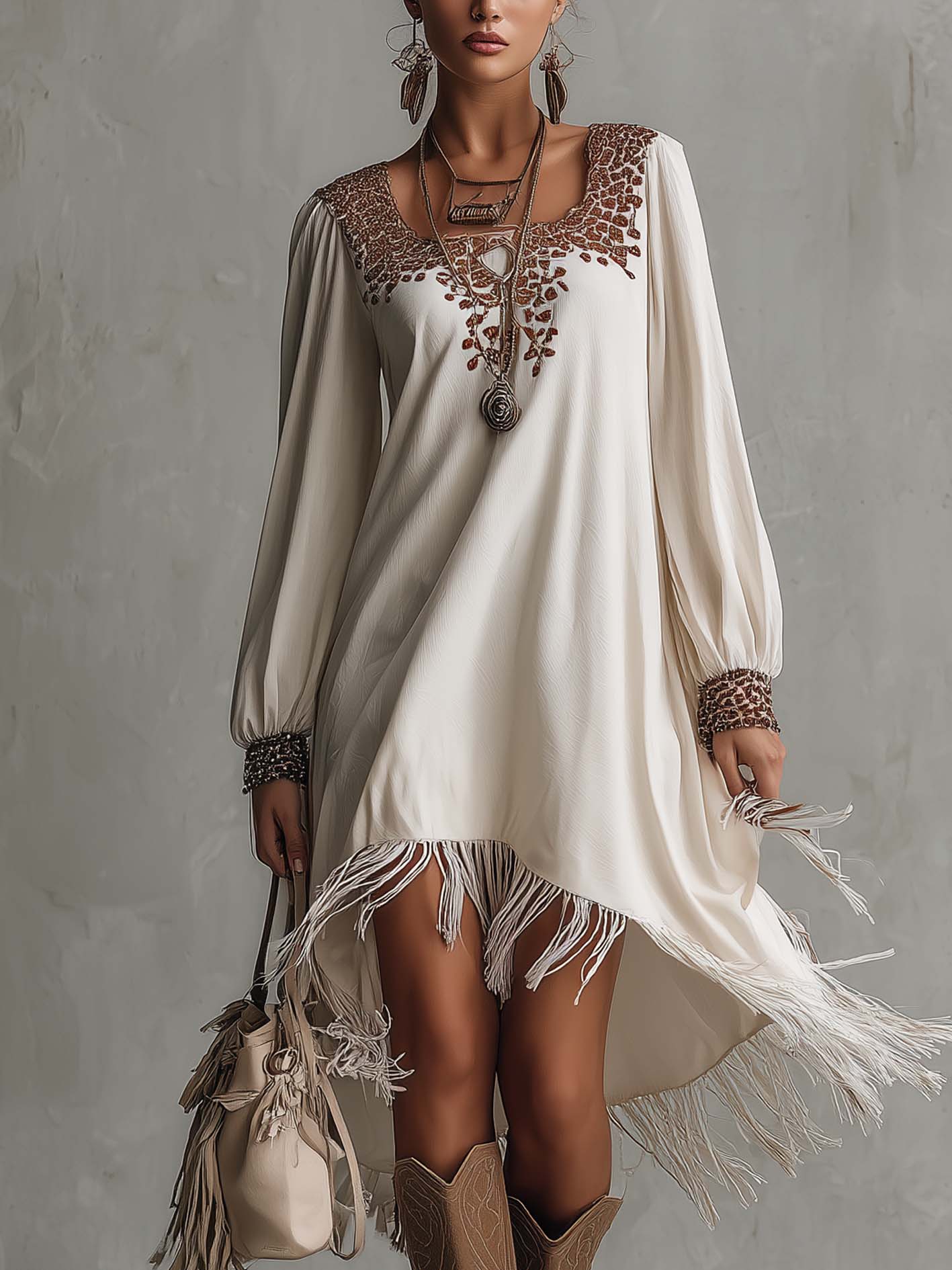 White Cotton Linen Mini Dress With Faux Suede Fringe And Leopard Embroidery