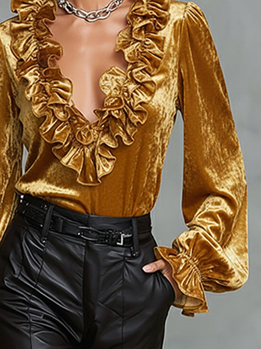 Gold Velvet Ruffled Deep V-Neck Blouse With Puff Sleeves