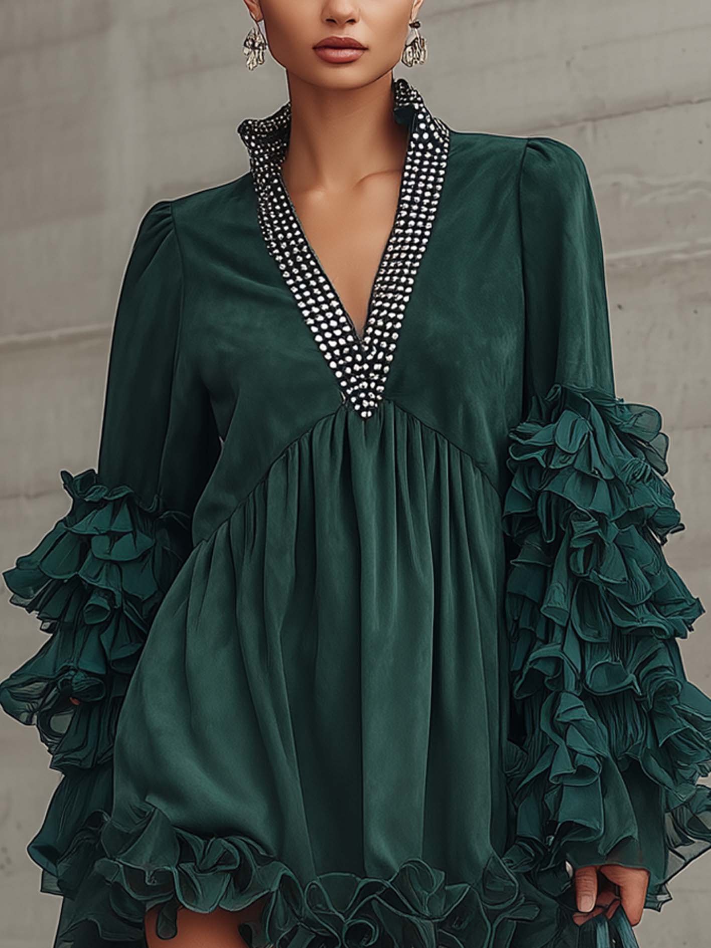 Deep Green Faux Suede Ruffle Mini Dress With Beaded V-Neck