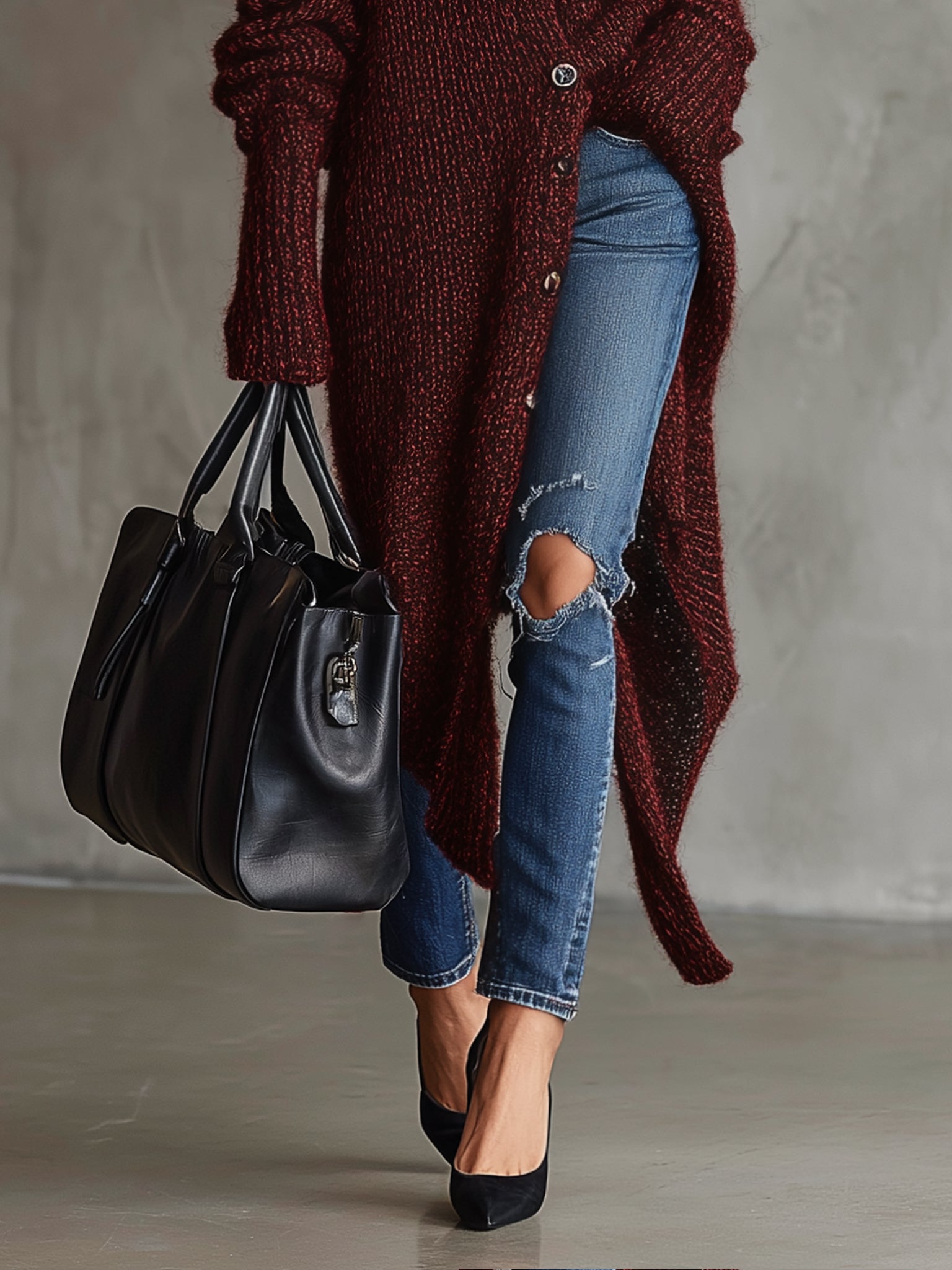 Burgundy Deep V-Neck Button Up Knit Cardigan