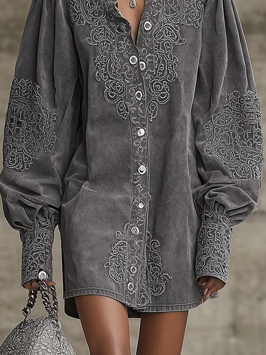 Gray Embroidered Faux Suede Mini Dress